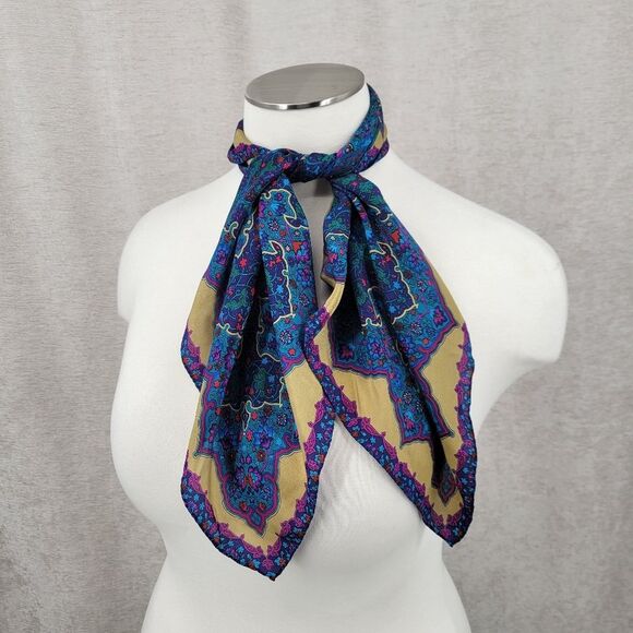 Liz Claiborne Vintage Silk Square Blue and Matte Gold Scarf - Picture 2 of 6